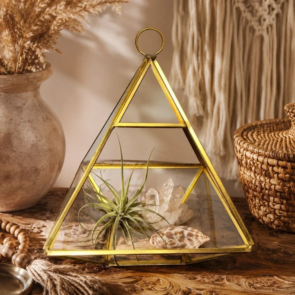 Vintage Brass Glass Pyramid Terrarium Geometric Display Case MCM Boho 80s Decor